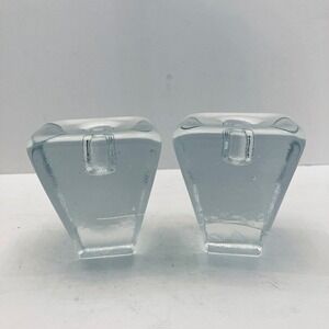Pair of Vintage MCM Blenko Art Clear Glass Block Inverted Pyramid Candleholders‎